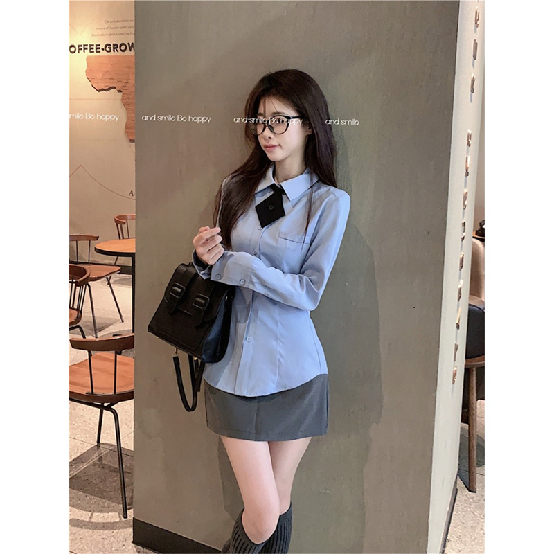 氣質法式POLO領藍色襯衫女秋冬2023新款內搭長袖上衣設計感襯衣女