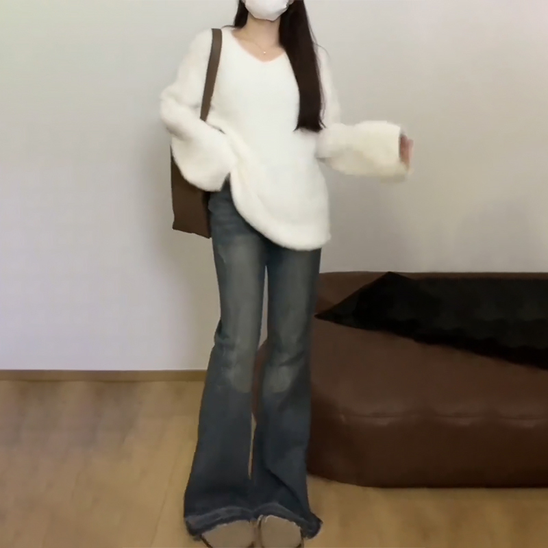 2023新款小個子白色馬海毛毛衣女秋冬季慵懶風針織衫寬鬆上衣
