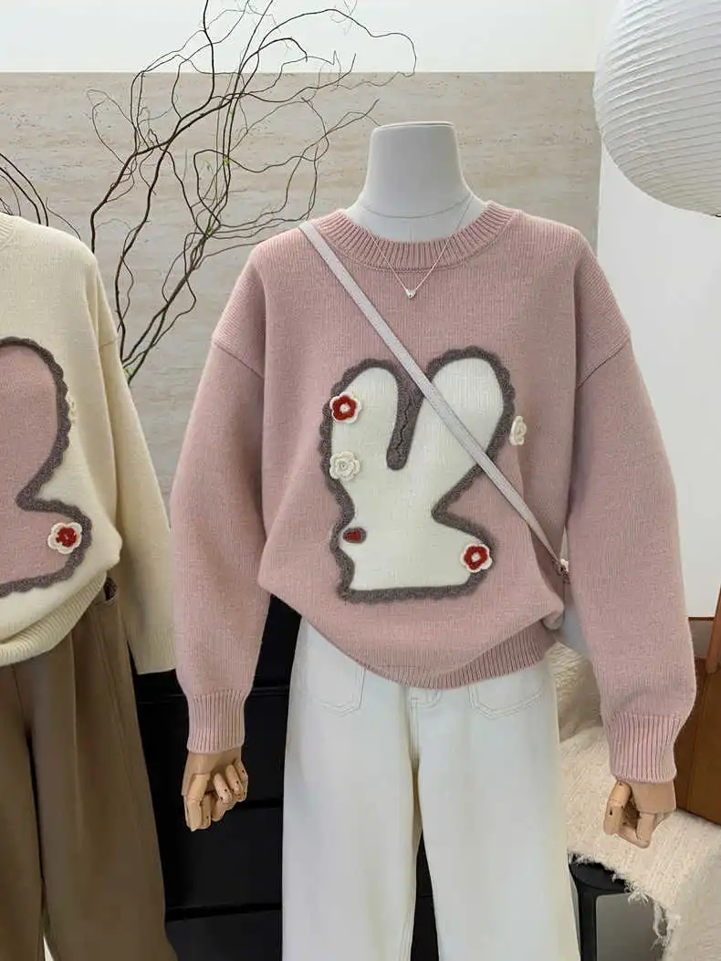 甜美卡通軟糯保暖圓領長袖毛衣女學院風羊毛衫軟糯保暖毛衣外套