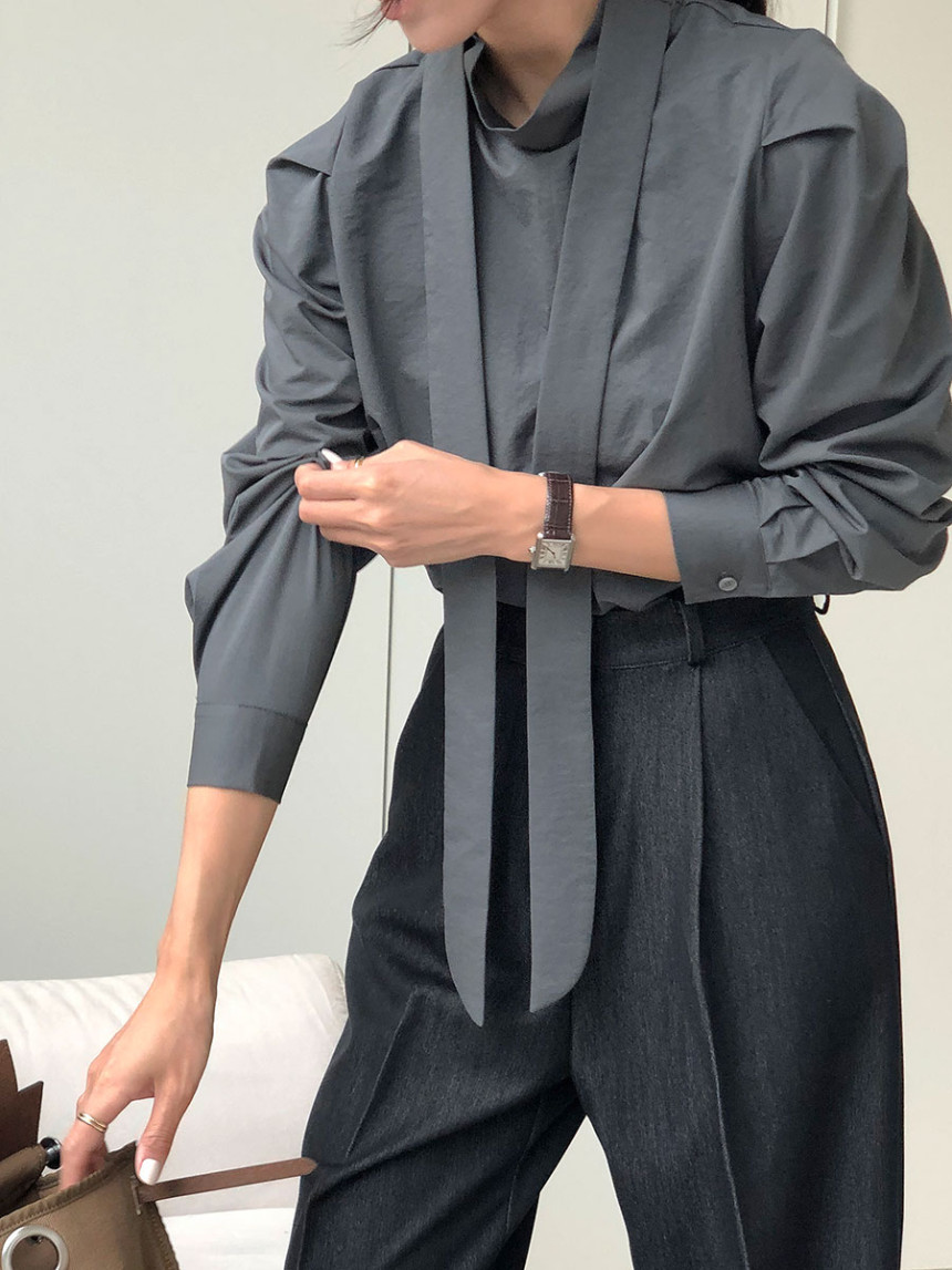 尺碼更新韓國chic春季法式高領系帶泡泡袖襯衫女通勤疊穿襯衣