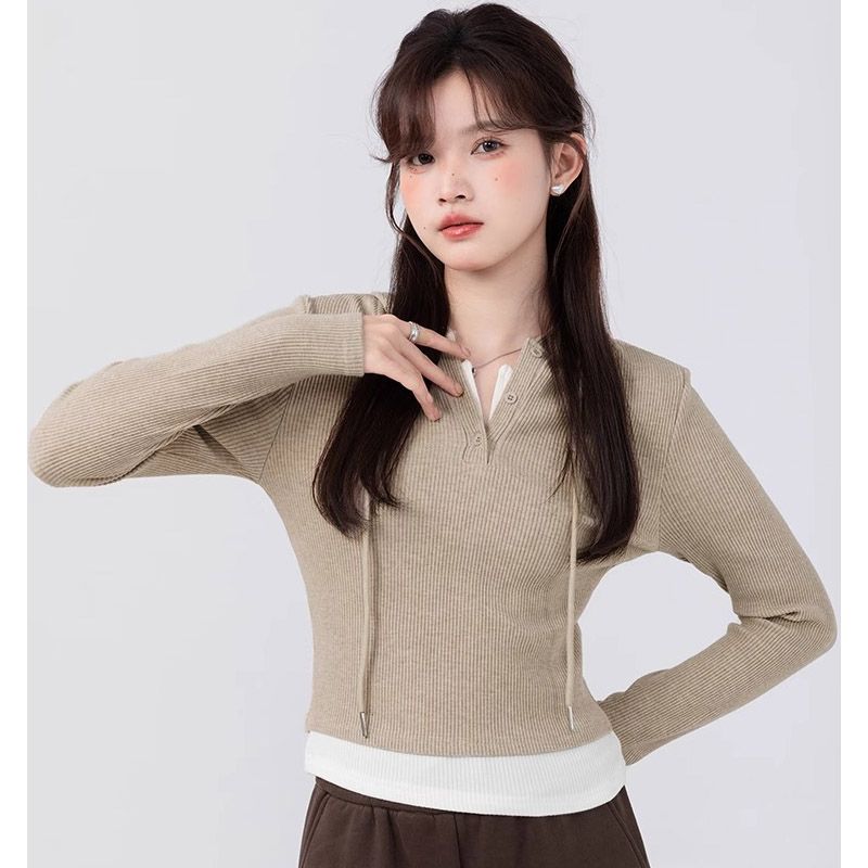 Original workmanship color-blocked drawstring hooded long-sleeved T-shirt for women 2023 autumn and winter Korean version sweet and cool commuter solid color top