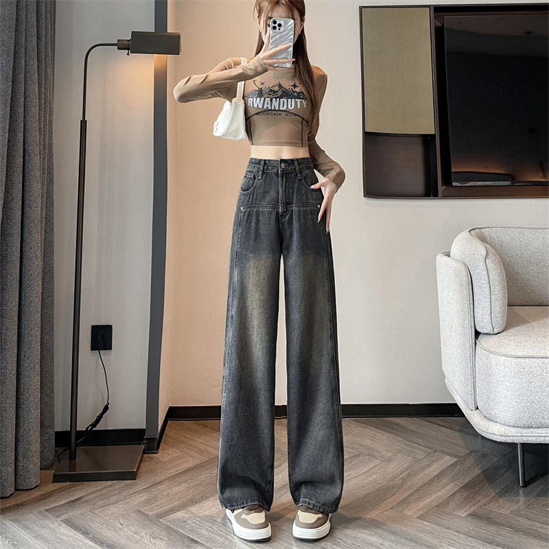 實拍2024早春新款高腰直筒闊腿牛仔褲女