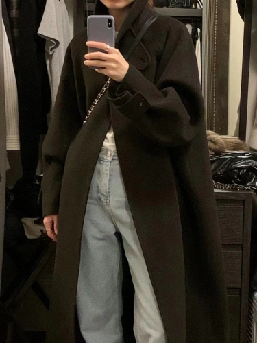 Korean INS blogger's French-style retro lapel single-breasted mid-length woolen coat