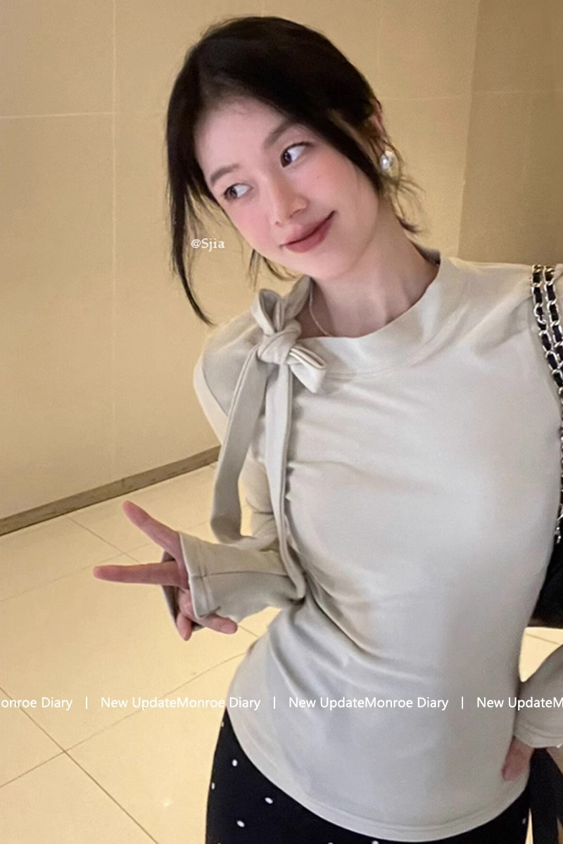 kumikumi design solid color bow tie long-sleeved T-shirt women's autumn and winter slim bottoming shirt chic top
