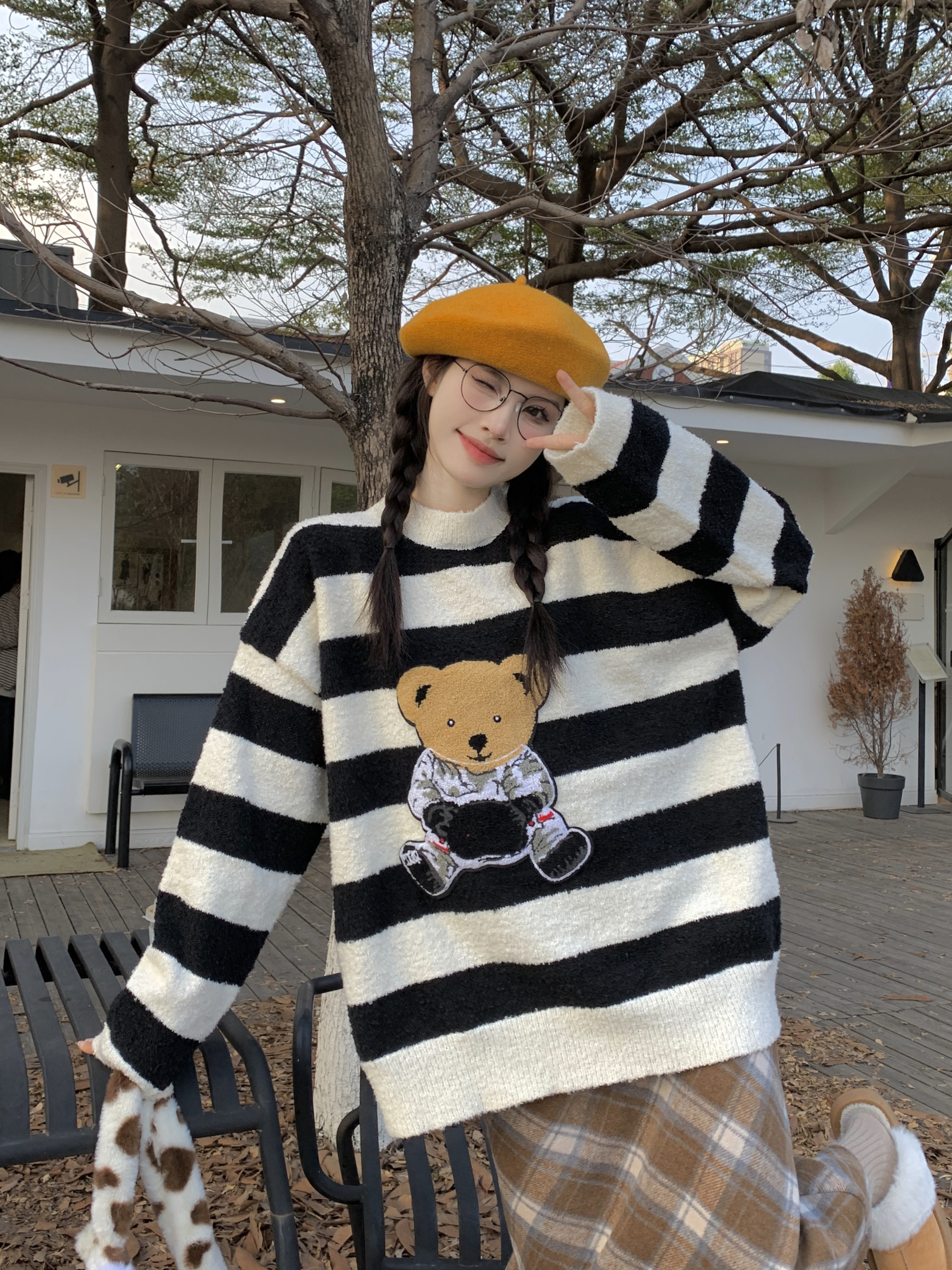 實拍 美式可愛小熊圓領毛衣女條紋寬鬆慵懶風針織上衣加厚