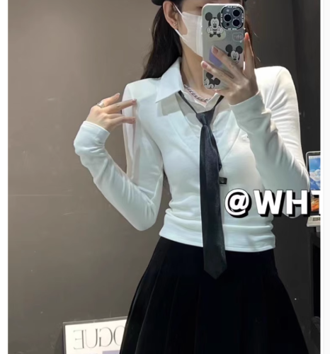 韩系学院纯欲风设计感拼接polo领假两件上衣拼色配领带衬衫T恤女