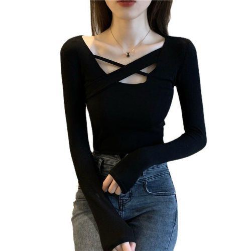 New autumn top design with inner bottoming shirt black slim slim long-sleeved T-shirt for women