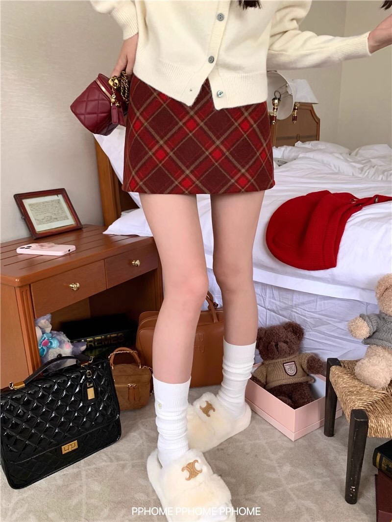 美式復古格子半身裙女秋冬新款紅色毛呢包臀裙A字裙格紋短裙裙子