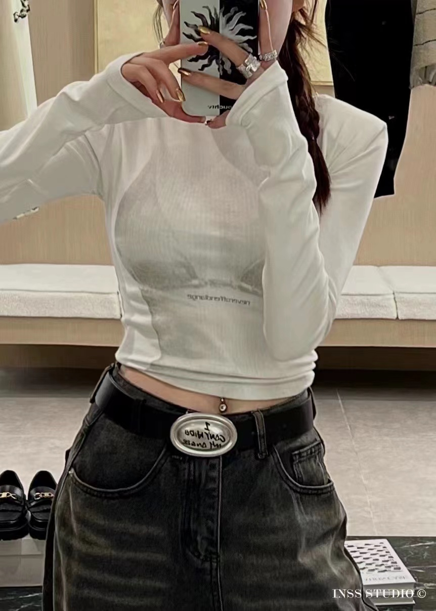 Rayon 260g official European and American slim embroidered T-shirt for women early autumn pure lust style hot girl top