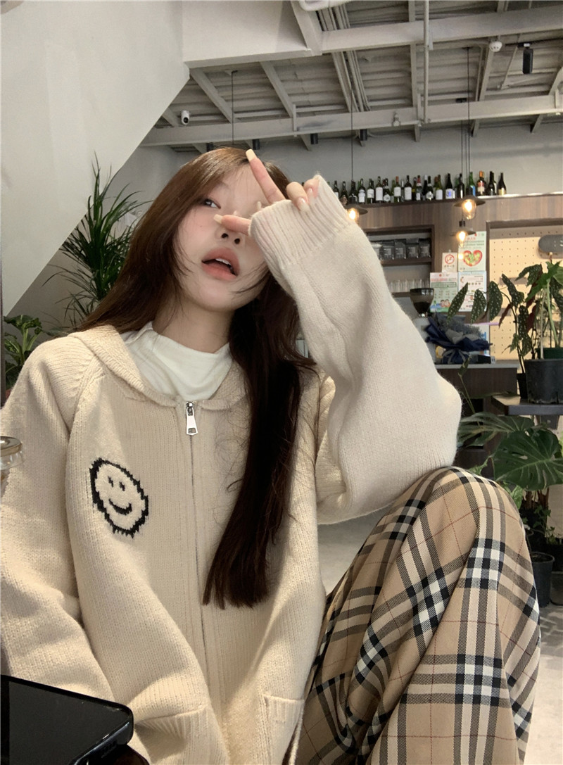 實拍笑臉韓代chic 自製博主同款撞色拉鏈開衫
