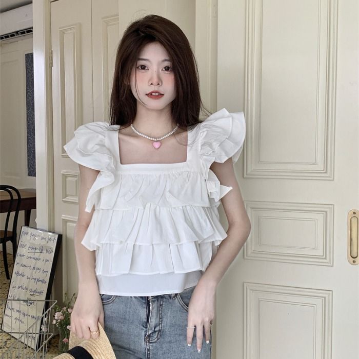 Fresh and cute flying sleeve strappy top for women new design loose short ruffled shirt