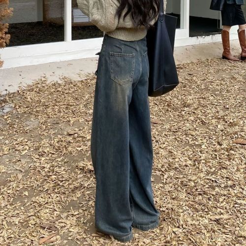 High-waisted workwear jeans for women, autumn and winter  new high street design, loose, straight and drapey floor-length pants