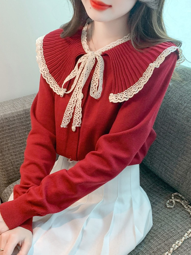 蕾絲拼接娃娃針織衫女2023秋冬裝新款洋氣減齡毛衣打底衫長袖上衣