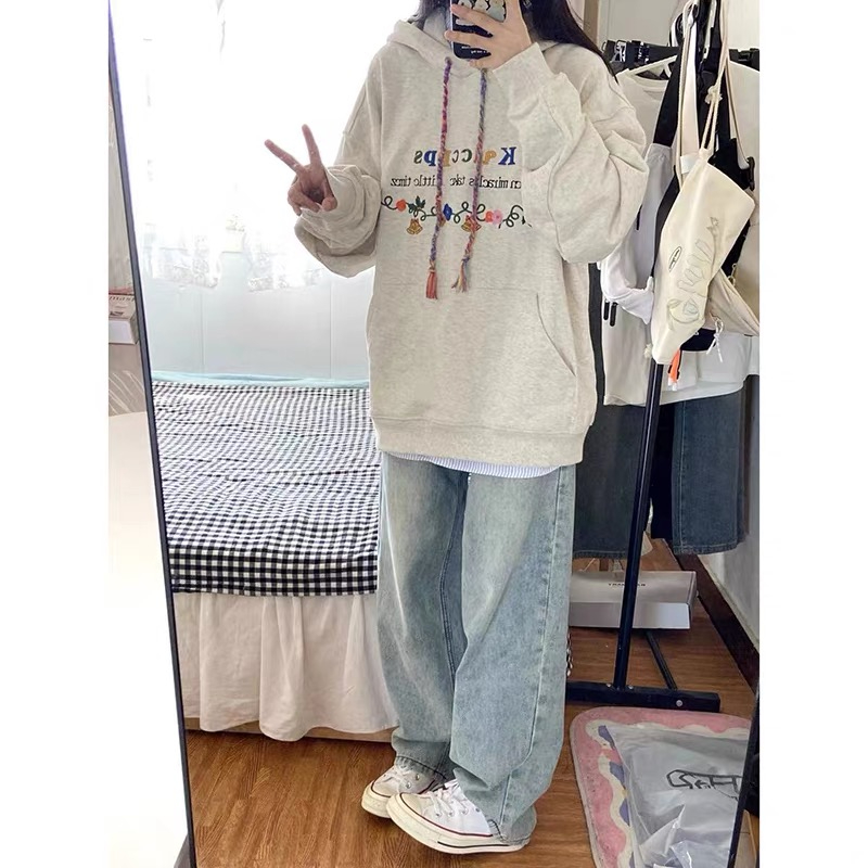 美式復古刺繡連帽衛衣女秋冬2023新款加絨加厚小個子vintage外套