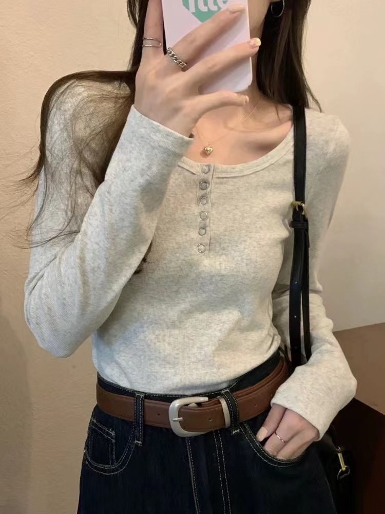 240克螺紋條官方早秋螺紋T恤女修身新款設計感紐扣
