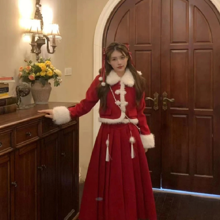 Dragon and phoenix cloth + zipper New Year's and Christmas shirt two-piece set new Chinese style red suit skirt winter
