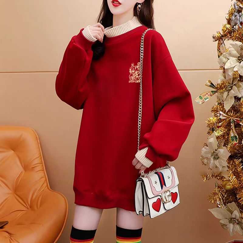 純棉複合超柔秋冬超火龍年印花紅色假兩件半高領加絨衛衣女潮