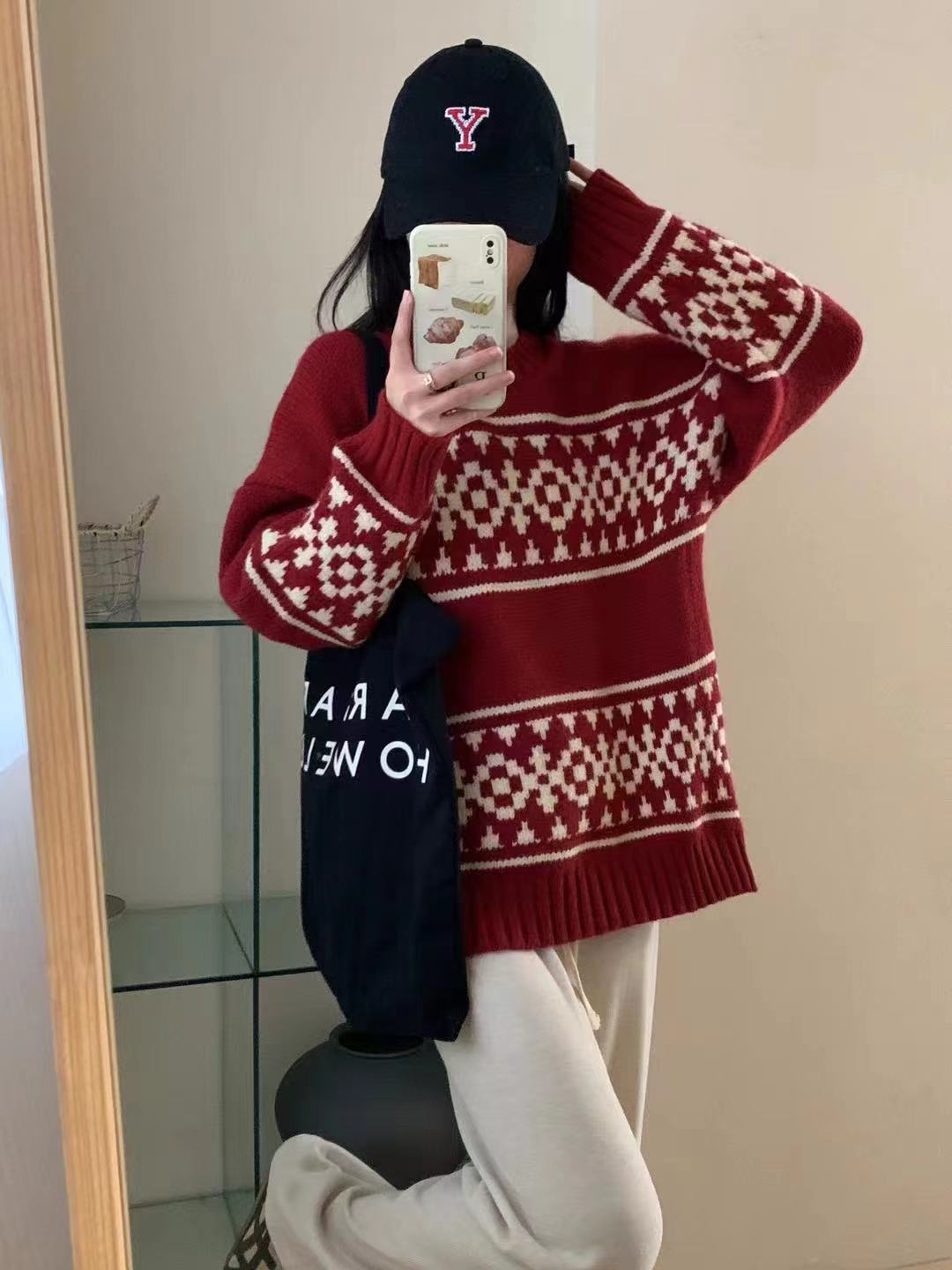 韓版聖誕紅復古提花套頭毛衣女秋冬新款寬鬆慵懶風軟糯針織衫上衣