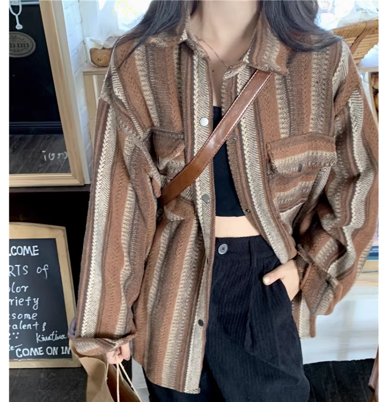 美拉德復古長袖條紋襯衫外套女秋冬慵懶風休閒寬鬆中長款開衫上衣