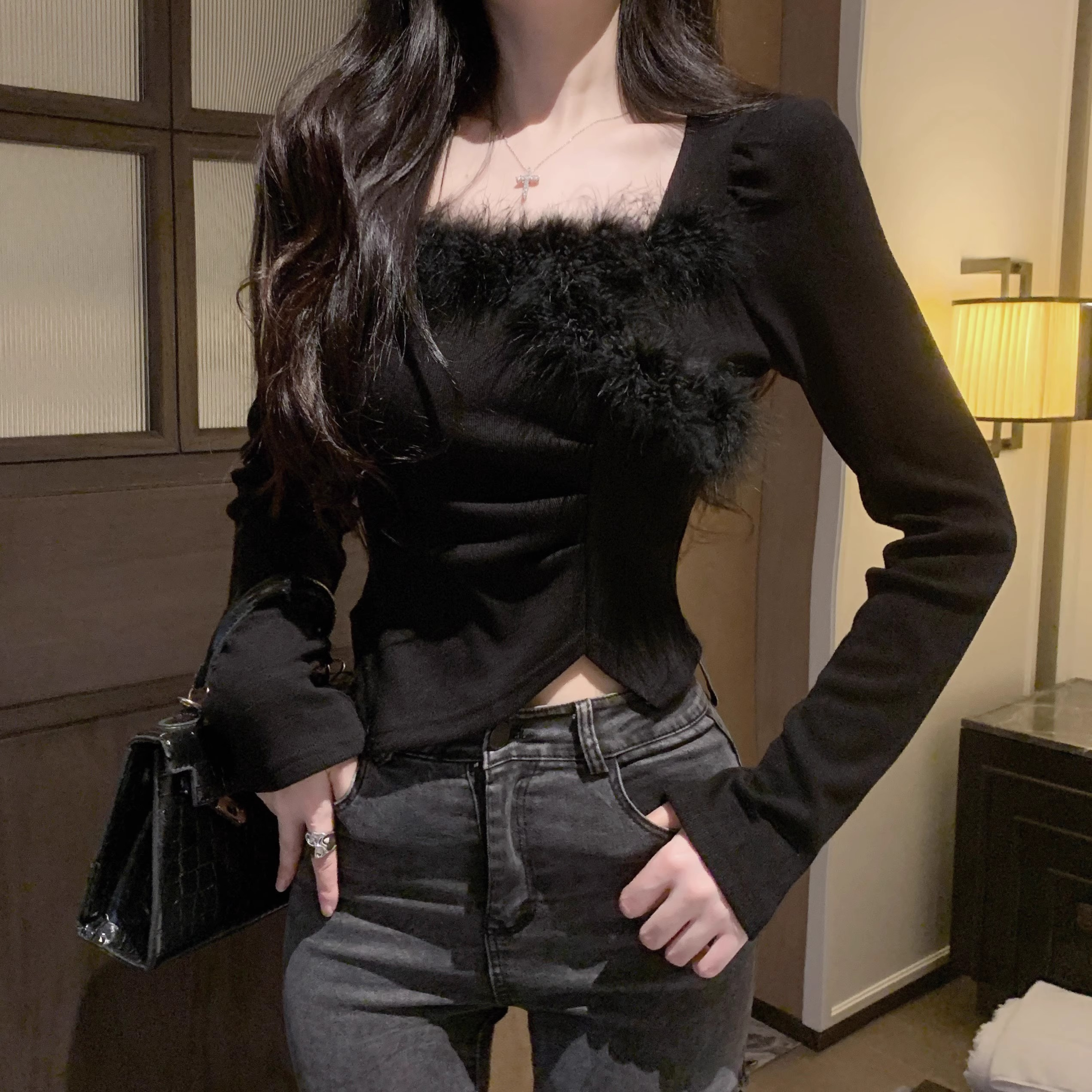 甜美長袖毛衣針織衫女2023秋冬季新款設計感不規則拼接上衣打底衫