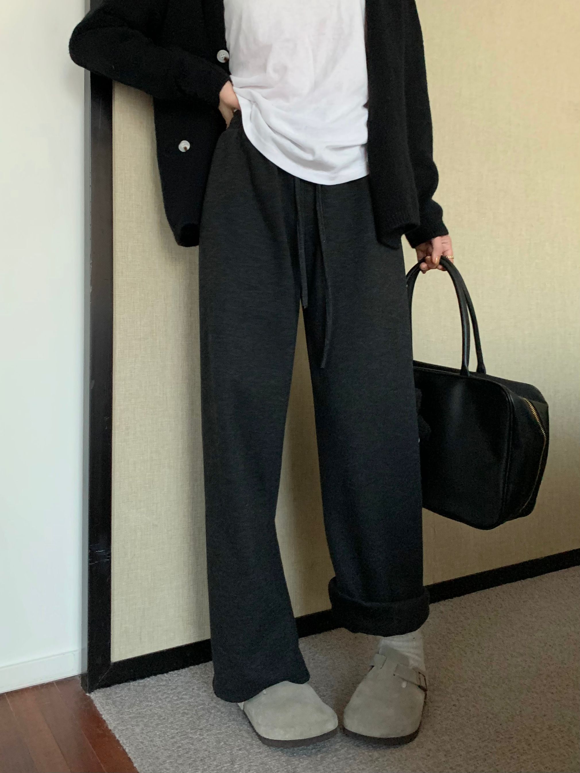 實拍~秋冬糯米褲加絨加厚保暖休閒闊腿褲顯瘦高腰長褲