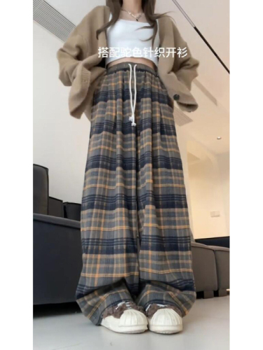 Original TR woven 400g brushed fabric plaid wide-leg pants for women autumn and winter high-waisted straight pants