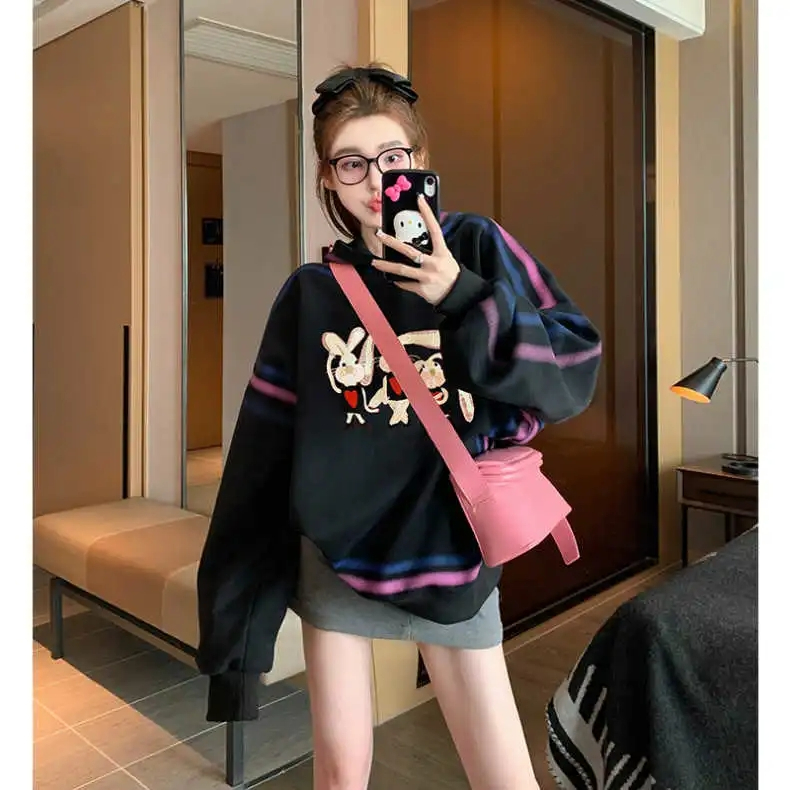 黑色印花連帽衛衣女秋冬加絨加厚小眾復古高級感超好看套頭上衣潮