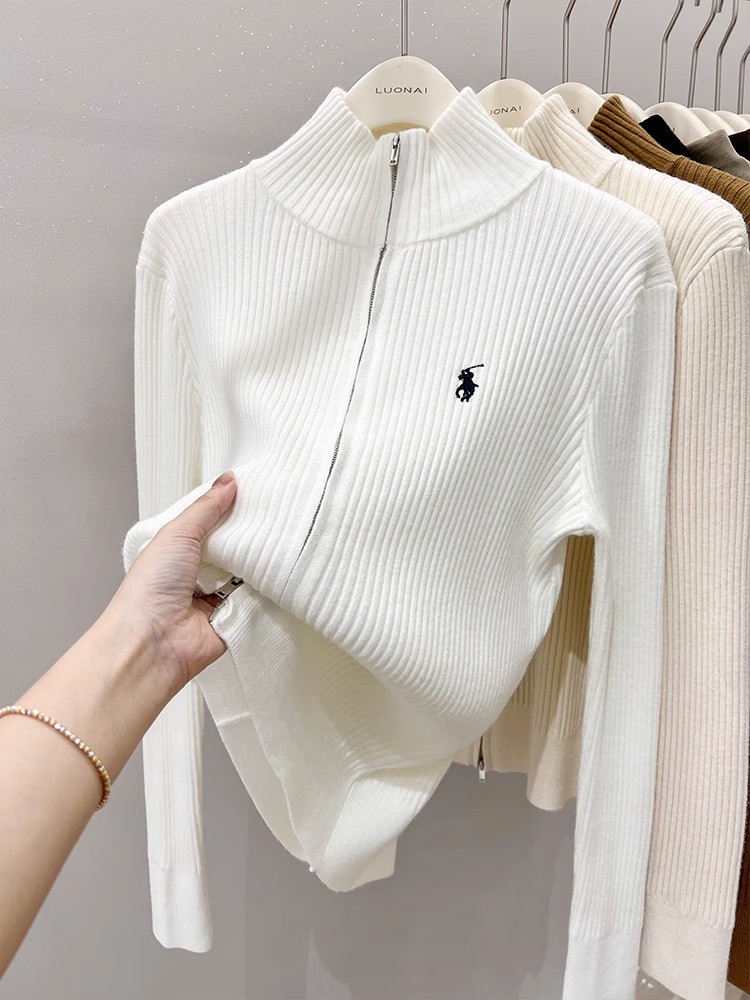 小眾刺繡坑條立領毛衣外套女冬季設計感雙拉鏈針織衫休閒開衫上衣