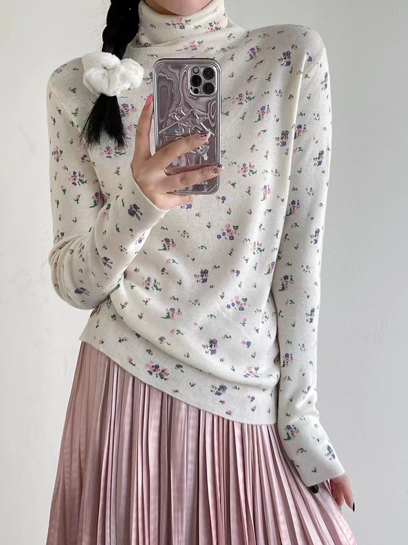 260克人棉官方秋冬打底衫高領氣質百搭碎花顯瘦修身上衣女