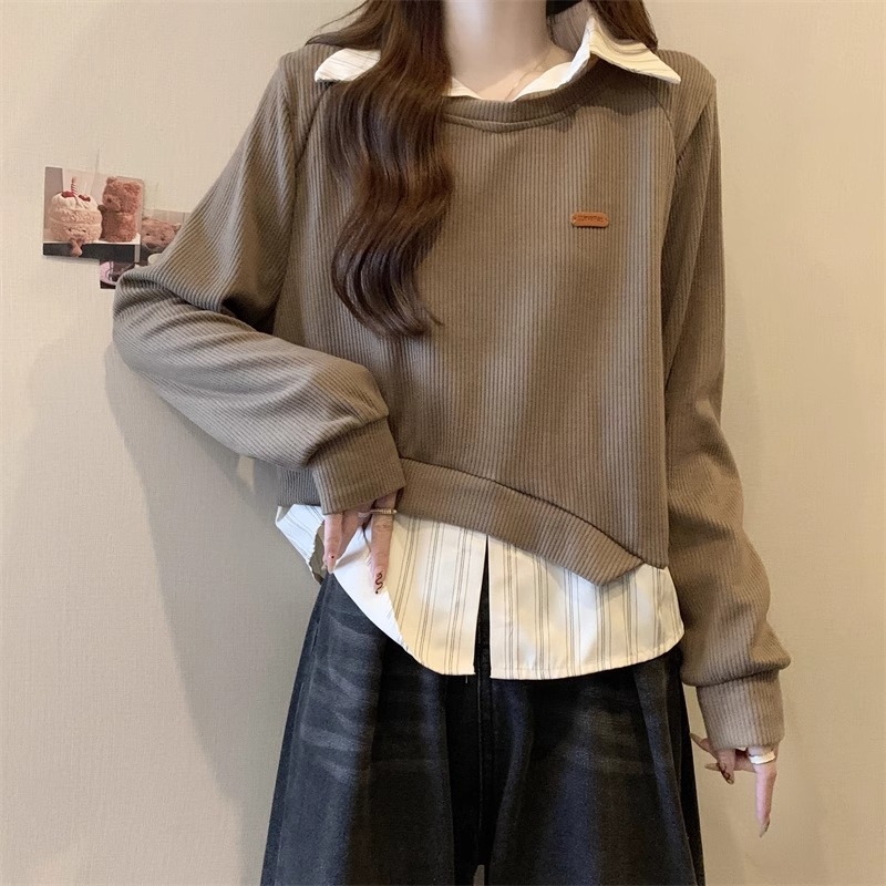 原版做工 假兩件衛衣女秋冬胖mm顯瘦設計感正肩Polo領長袖上衣