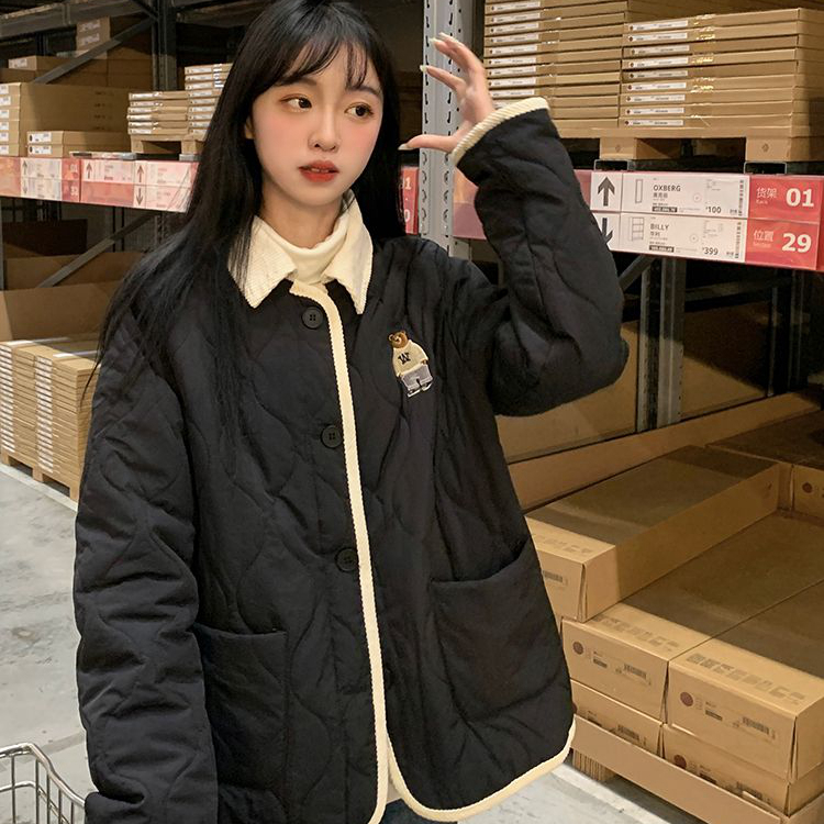 Bear embroidered rhombus cotton coat winter 2023 new loose fashion contrasting color stitching lapel cotton coat for women