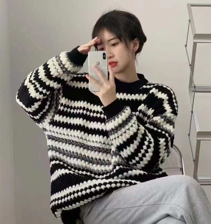 Hong Kong style lazy style striped pullover sweater for women autumn and winter loose Korean style mid-length sweater soft waxy long-sleeved top
