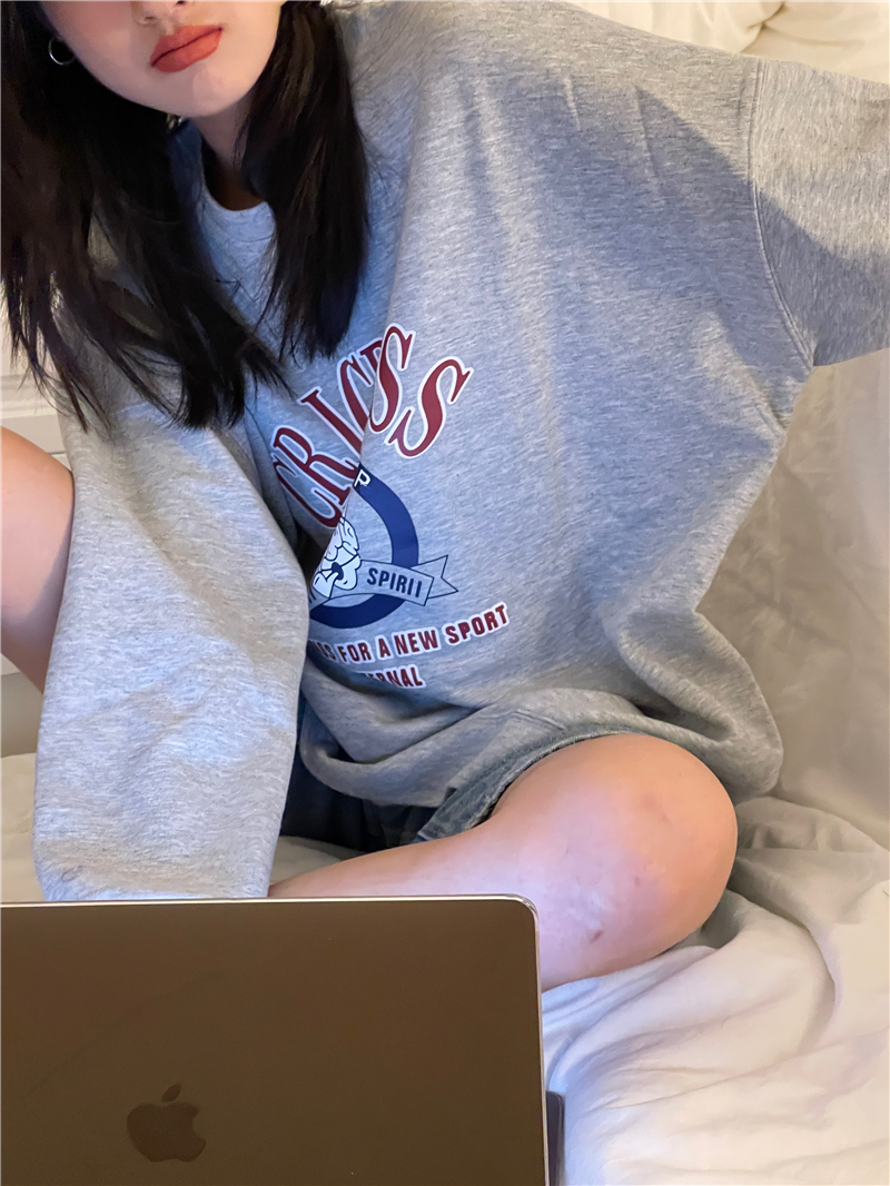 加絨加厚 美式印花衛衣女中長款寬鬆圓領長袖學生減齡休閒上衣