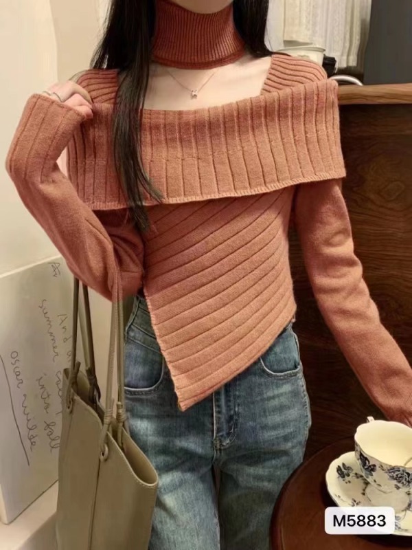 純欲辣妹一字肩掛脖上衣女秋冬不規則針織衫內搭高領聖誕粉色毛衣