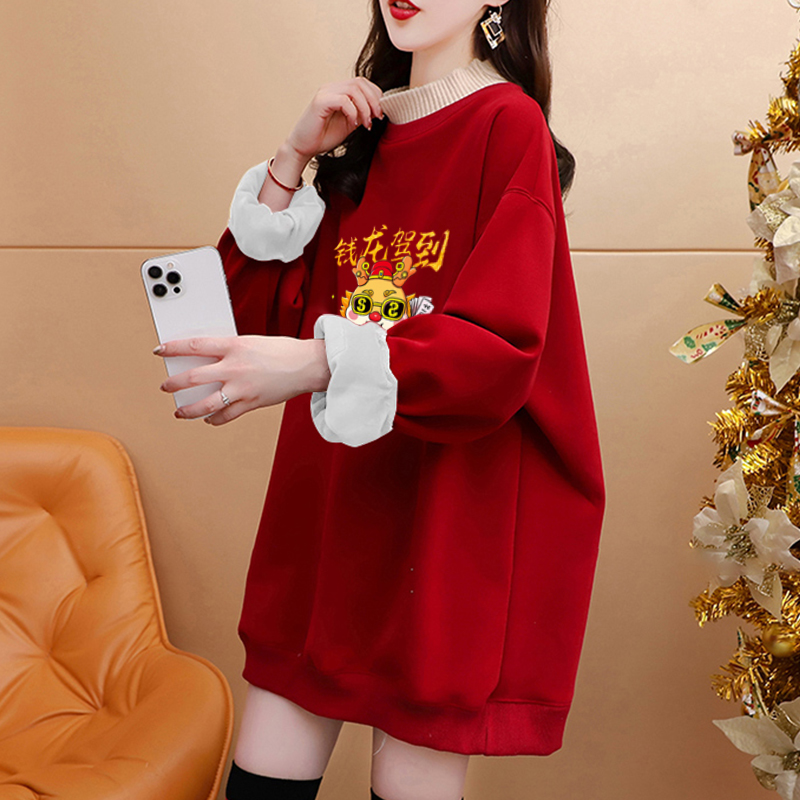 純棉複合超柔秋冬超火龍年印花紅色假兩件半高領加絨衛衣女潮