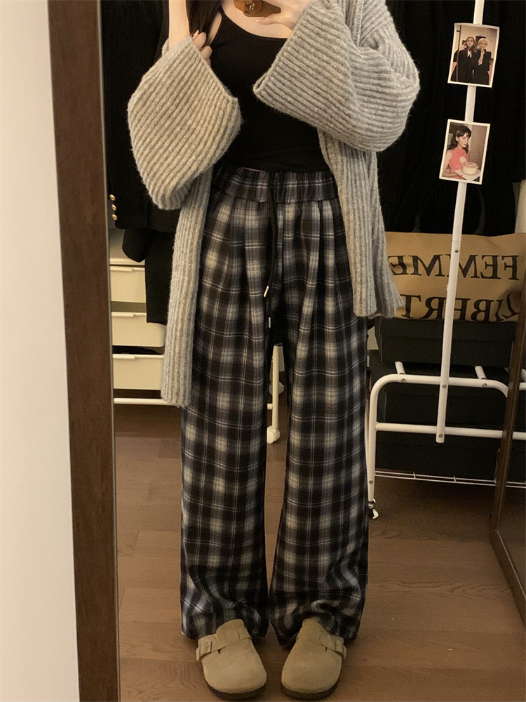 實拍 秋冬新款加絨加厚復古格子休閒褲女鬆緊腰闊腿褲拖地褲