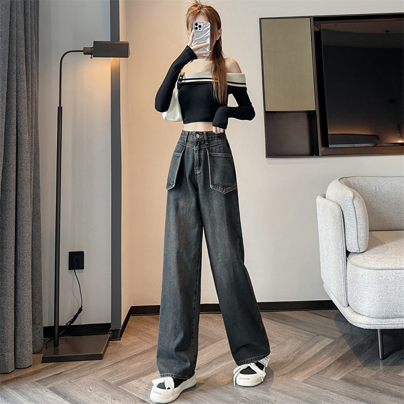 實拍2024早春新款高腰直筒闊腿休閒牛仔褲女