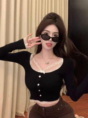 Actual shot of short hot girl lace knit top slim fit bottoming versatile long-sleeved T-shirt