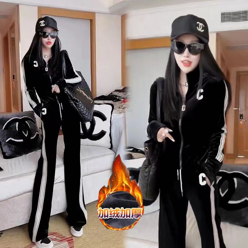 2023 velvet thickened gold velvet casual sports suit for women autumn and winter new fashion wide-leg pants two-piece set