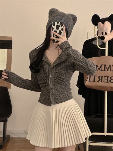 Real shot of designer irregular knitted sweater pleated slimming top + high-waisted woolen skirt for women