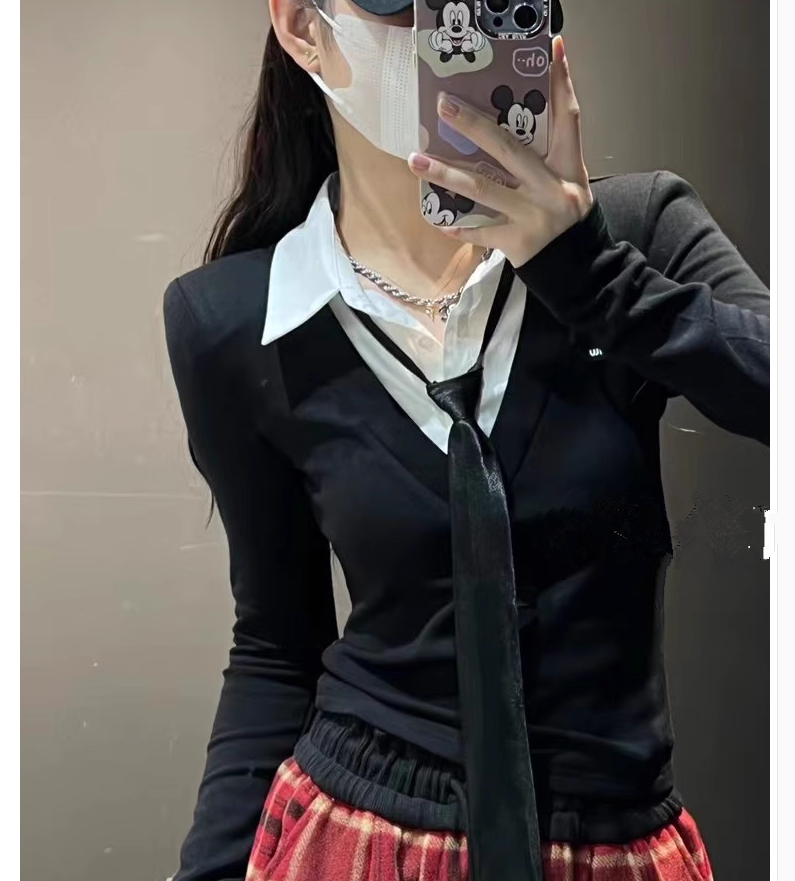 韓系學院純欲風設計感拼接polo領假兩件上衣拼色配領帶襯衫T恤女