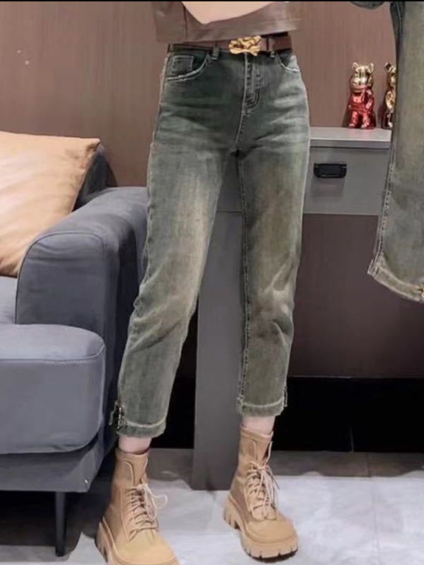 大碼高腰彈力開叉九分牛仔褲女秋胖妹妹mm梨型身材顯瘦直筒煙管褲