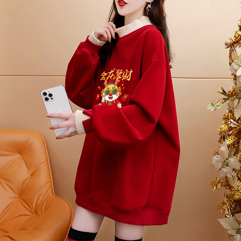 純棉複合超柔秋冬超火龍年印花紅色假兩件半高領加絨衛衣女潮