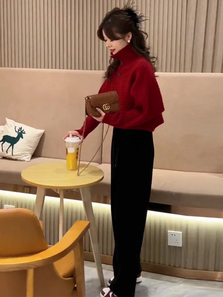 秋冬時尚洋氣過年紅色毛衣闊腿褲兩件套名媛小香風職業套裝女