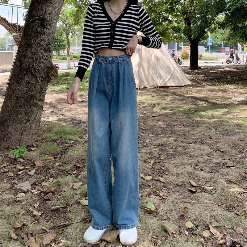 闊腿牛仔褲女寬鬆2024春季新款韓版高腰直筒褲百搭顯瘦高街風褲子