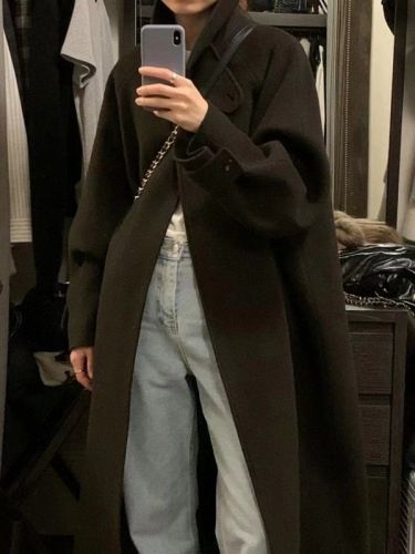 South Korea's Dongdaemun winter elegant and elegant lapel high-end simple mid-length woolen coat