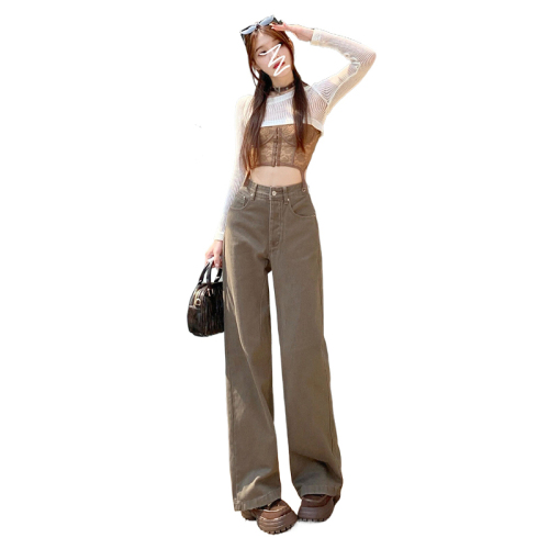Actual shot of new autumn and winter jeans for women, high-waisted, straight, slim, loose, popular Maillard floor-length wide-leg pants