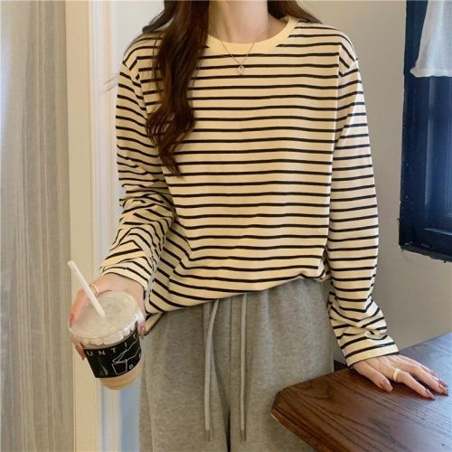 Round neck long-sleeved T-shirt for women, new autumn style, loose, slim, versatile striped bottoming shirt, top for women