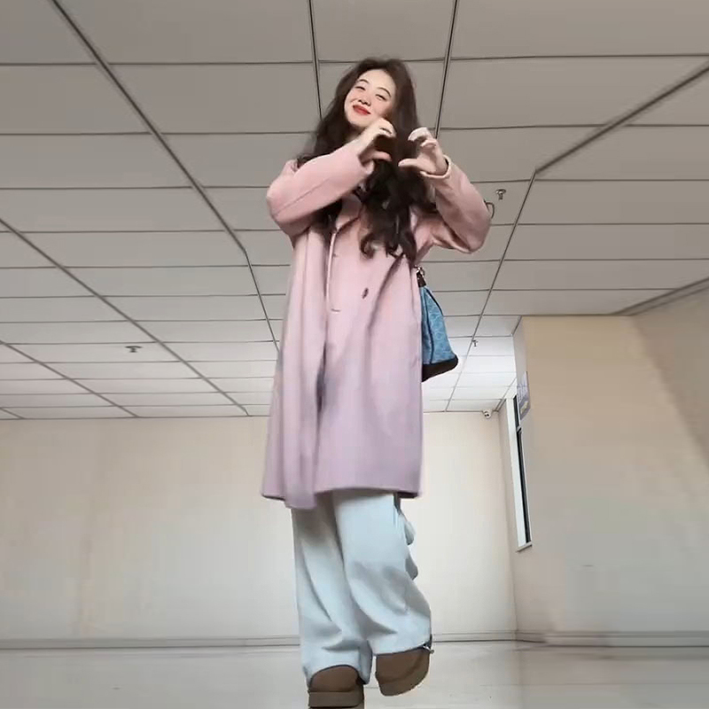 Korean woolen coat women's autumn and winter high-end small medium-length thick woolen pink coat 2023 new style