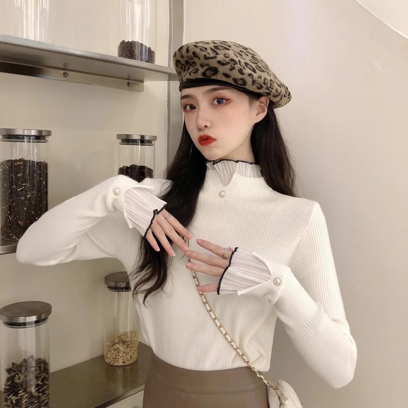 半高領針織打底衫女秋冬內搭蕾絲白色高級感毛衣今年流行別致上衣
